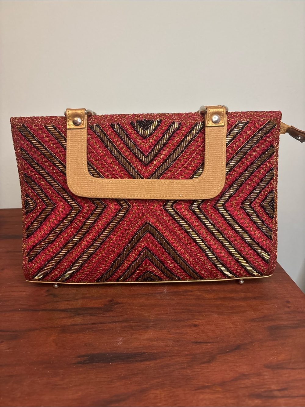 Red Beaded Geometric Wristlet with Gold Accents